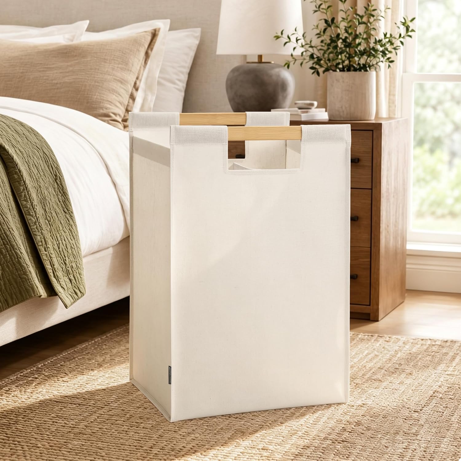 STORAGE MANIAC Large Laundry Hamper with Bamboo Handle, 23.7 Gal. Beige