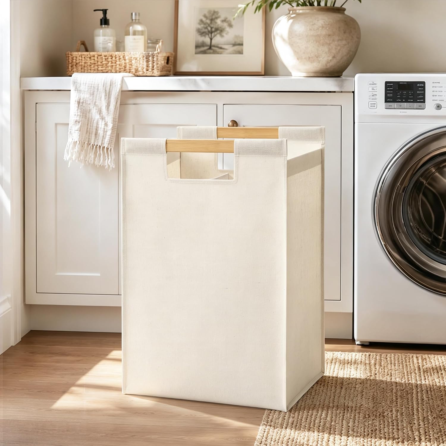 STORAGE MANIAC Large Laundry Hamper with Bamboo Handle, 23.7 Gal. Beige