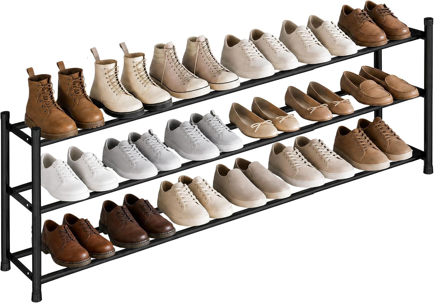 STORAGE MANIAC Long Expandable Shoe Rack, Holds Up 18 Pairs, Black 3 Tiers
