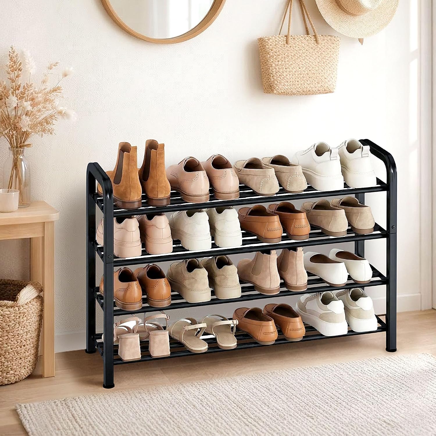 STORAGE MANIAC 4-Tier Expandable Shoe Rack, Adjustable Shoe Shelf, Black