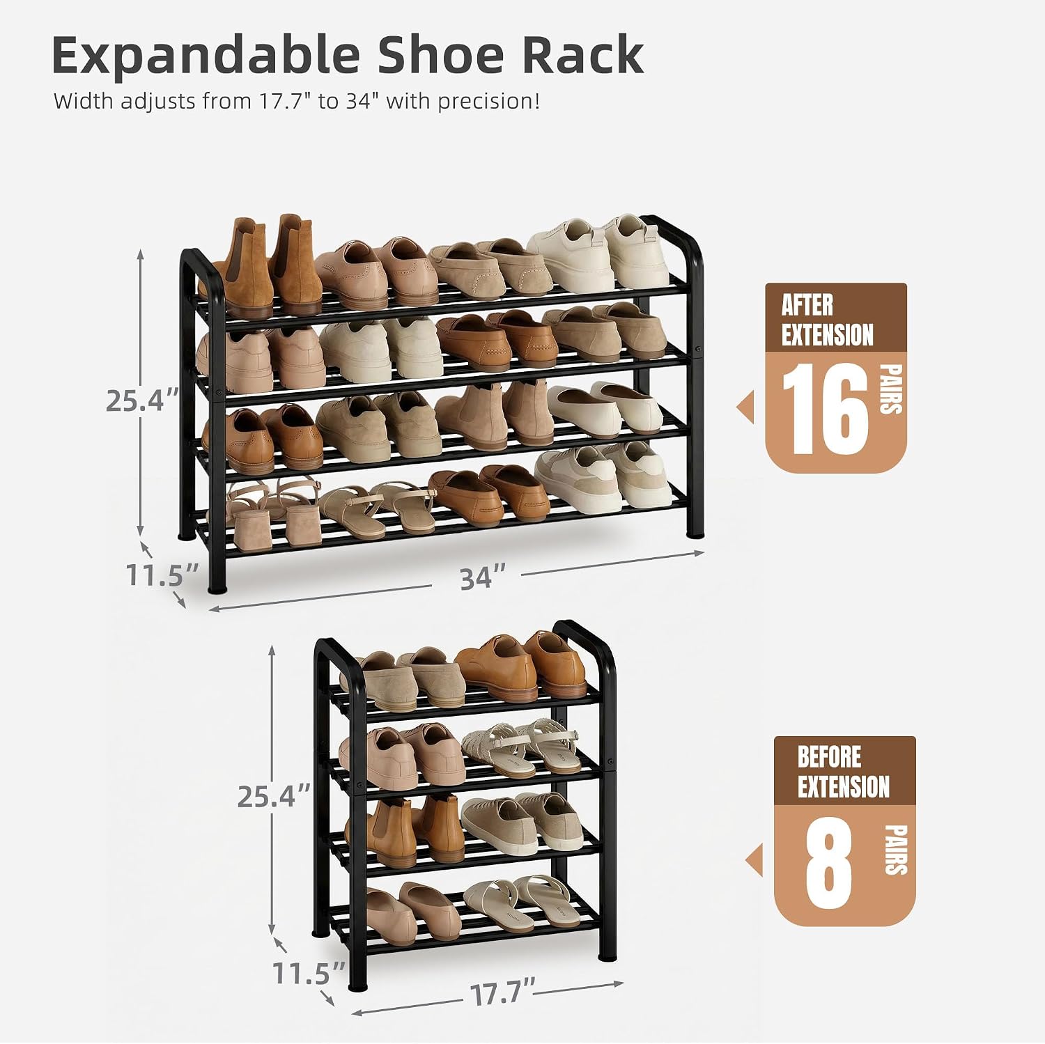 STORAGE MANIAC 4-Tier Expandable Shoe Rack, Adjustable Shoe Shelf, Black