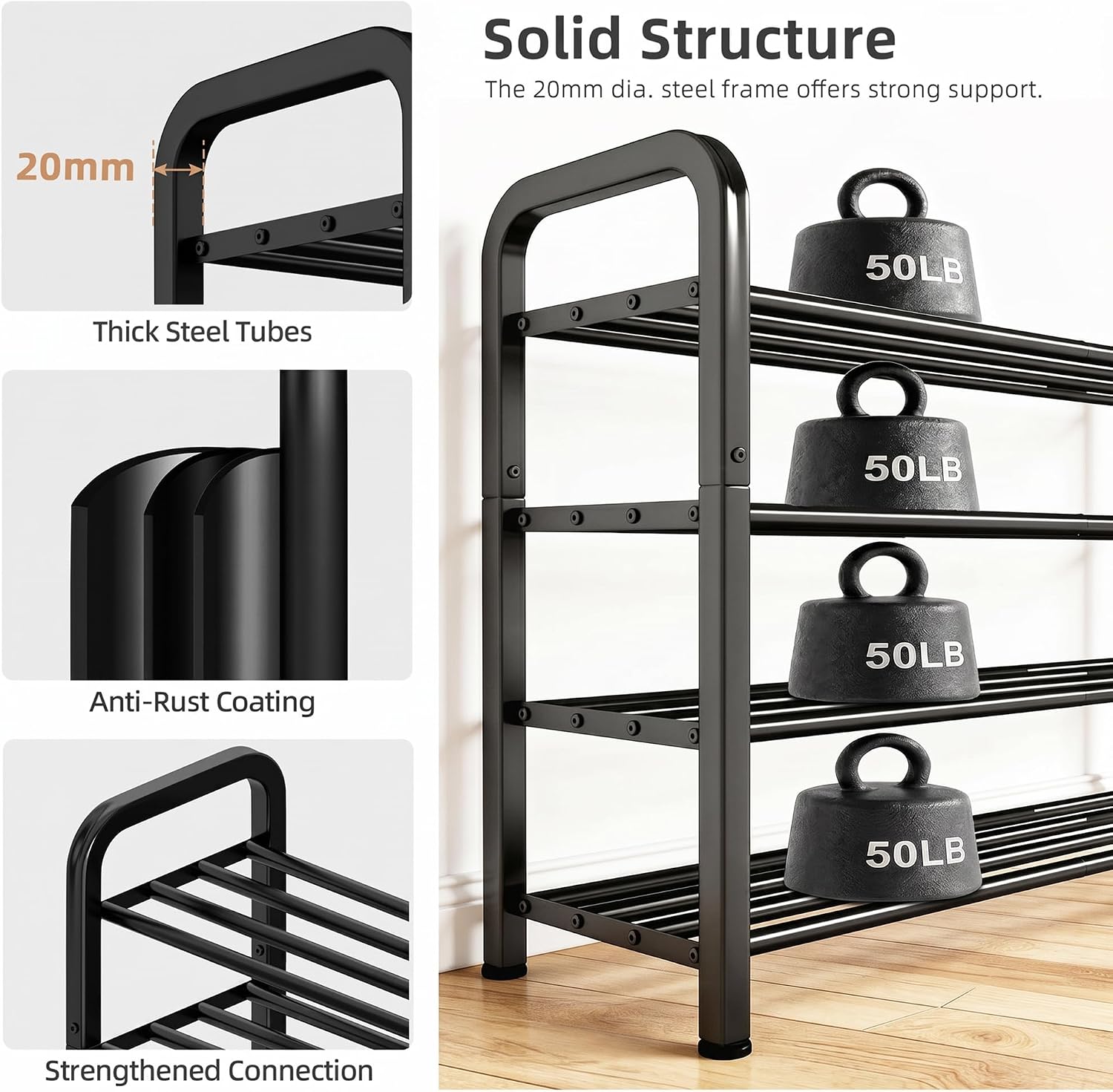 STORAGE MANIAC 4-Tier Expandable Shoe Rack, Adjustable Shoe Shelf, Black