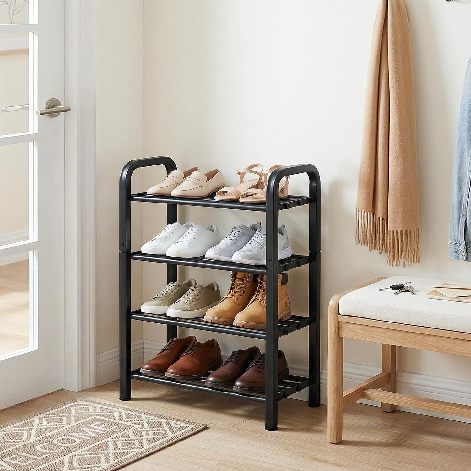 STORAGE MANIAC 4-Tier Expandable Shoe Rack, Adjustable Shoe Shelf, Black