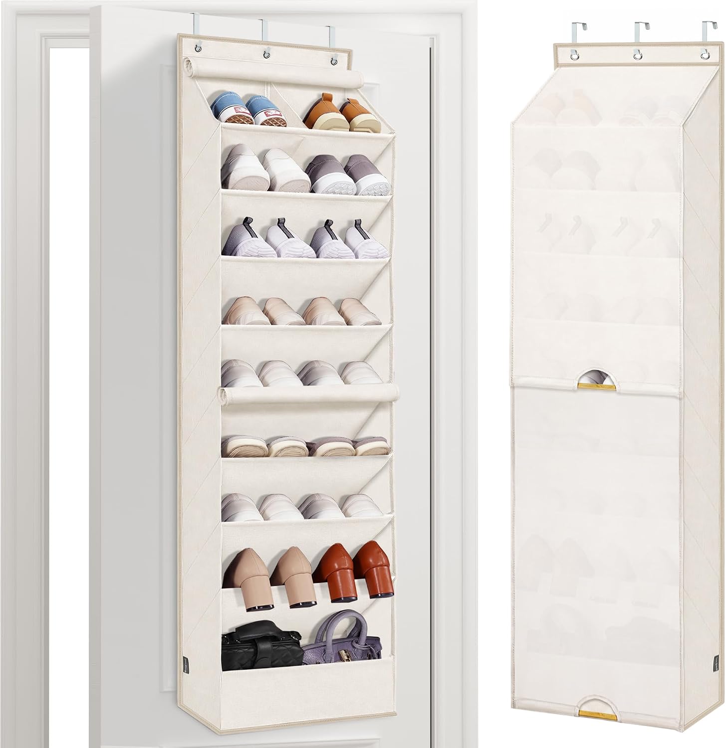 STORAGE MANIAC Over Door Shoe Organizer with Curtain Dustproof Heavy-Duty Large Deep Pocket Hanging Shoe Organizer for Closet Dorm & Narrow Door Storage Shoe Holder Shoe Rack, 9-Shelf Off White 1 Pack