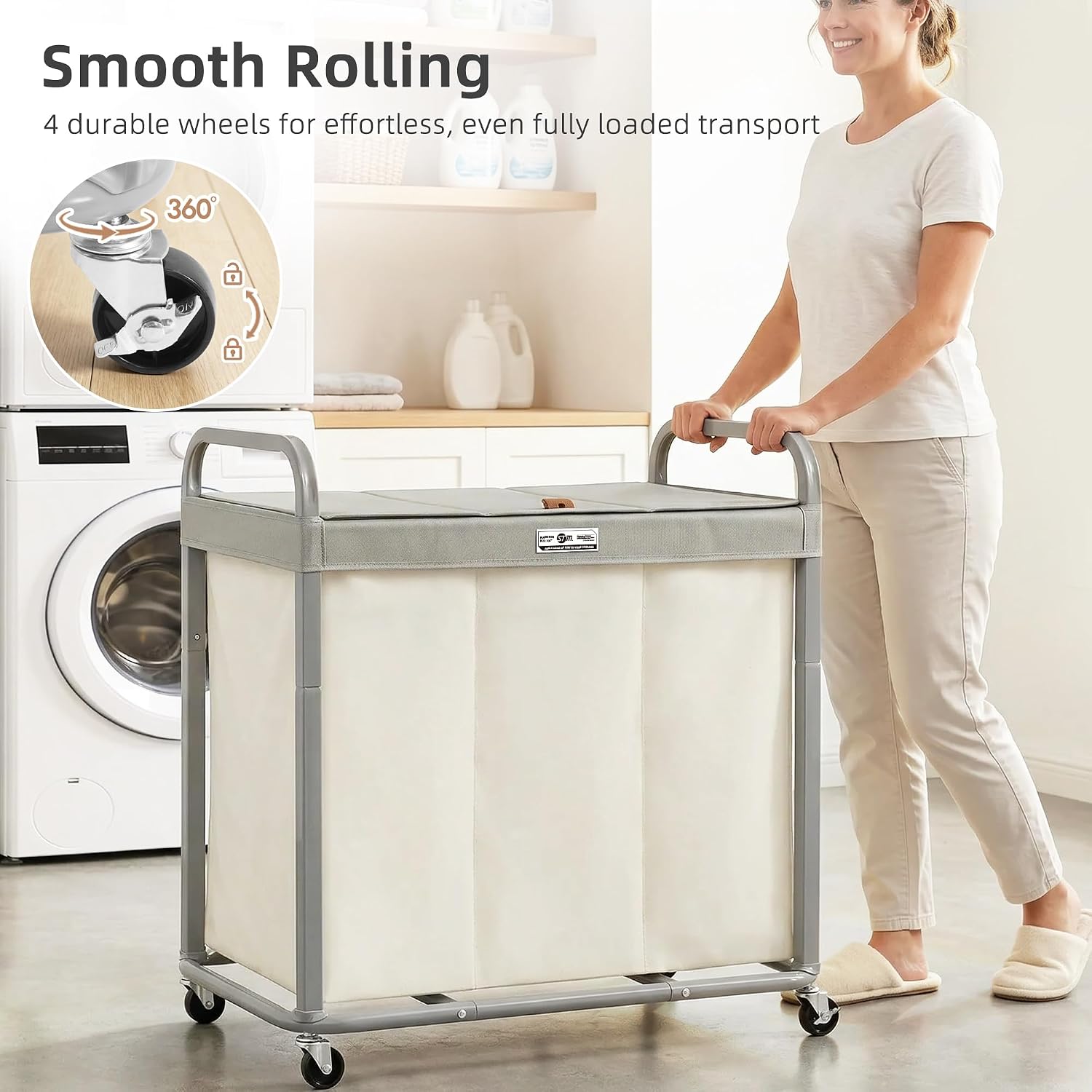 STORAGE MANIAC Laundry Hamper 3 Section with Lid Rolling Laundry Basket Beige