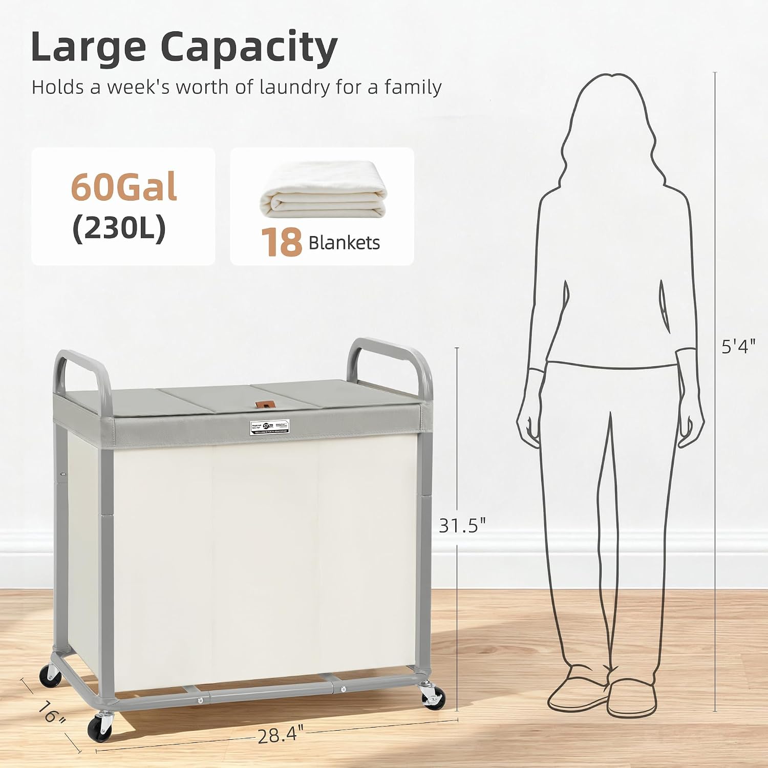 STORAGE MANIAC Laundry Hamper 3 Section with Lid Rolling Laundry Basket Beige