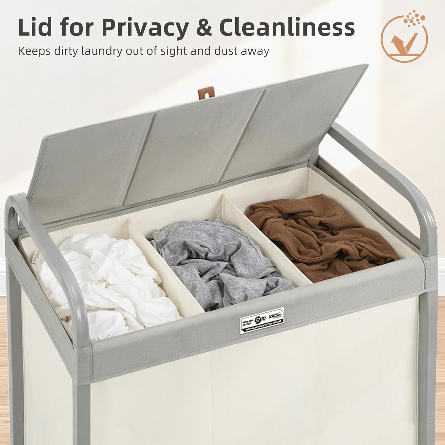 STORAGE MANIAC Laundry Hamper 3 Section with Lid Rolling Laundry Basket Beige