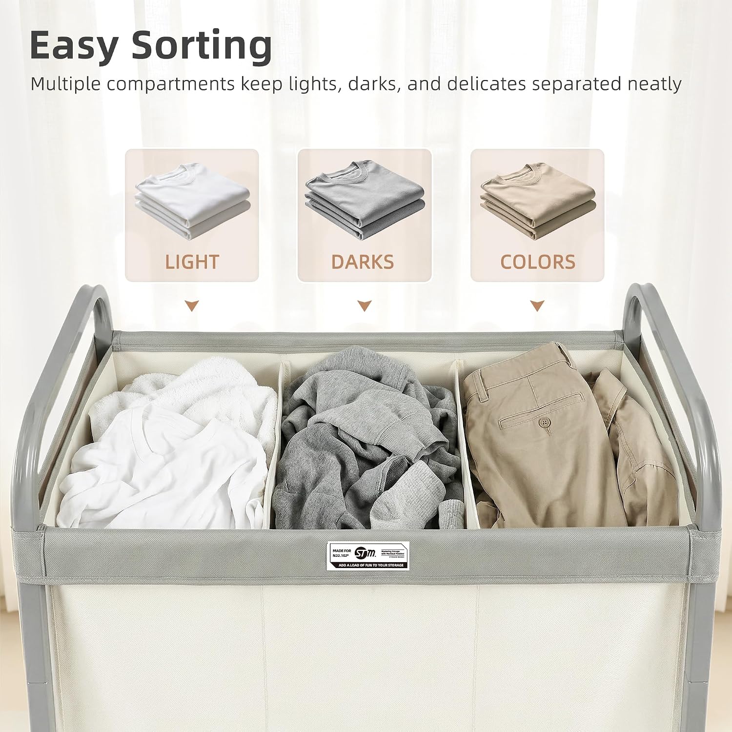 STORAGE MANIAC Laundry Hamper 3 Section with Lid Rolling Laundry Basket Beige
