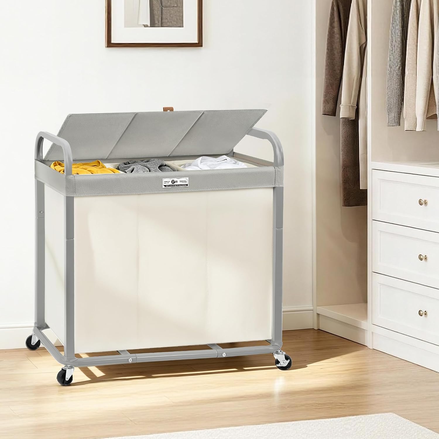 STORAGE MANIAC Laundry Hamper 3 Section with Lid Rolling Laundry Basket Beige