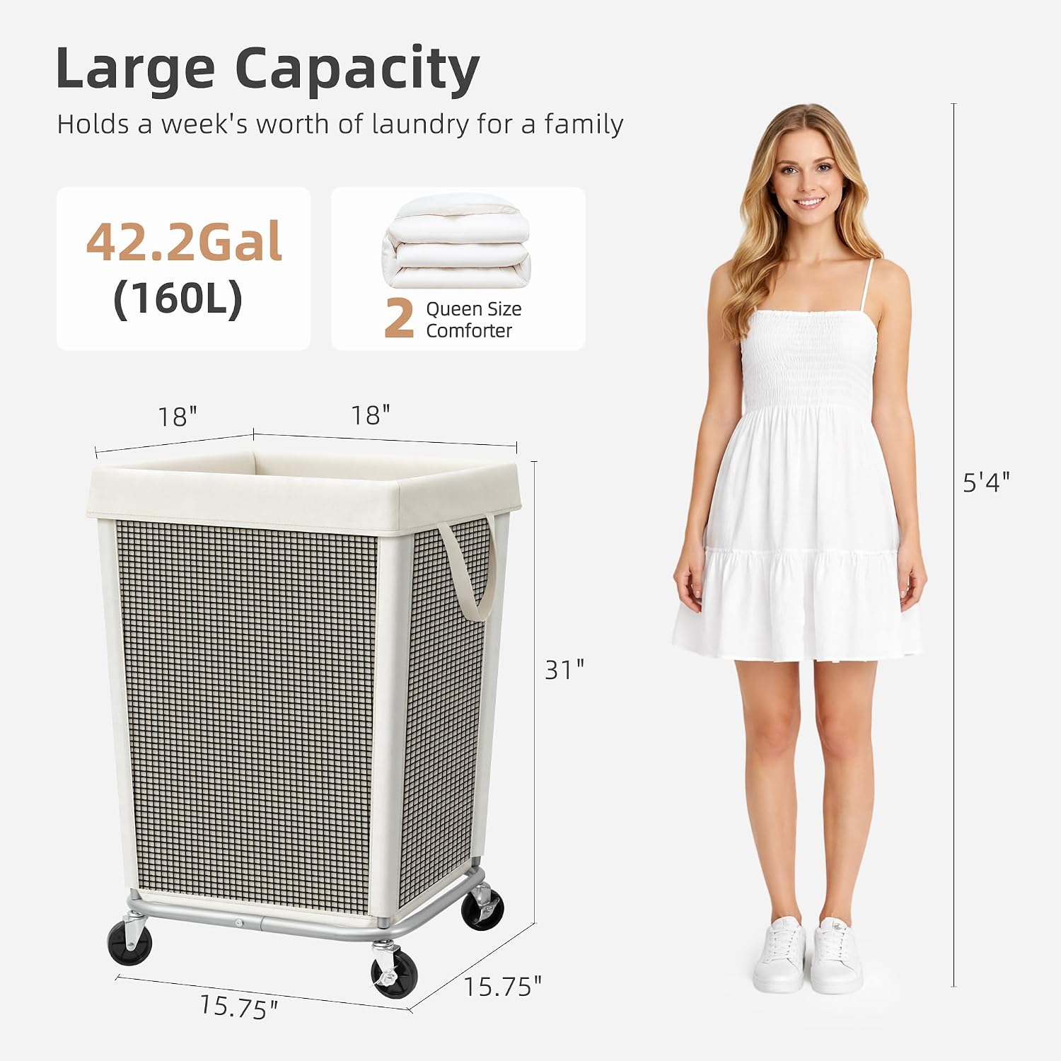 STORAGE MANIAC Rolling Laundry Hamper, Large Laundry Cart, 160L Black Mesh