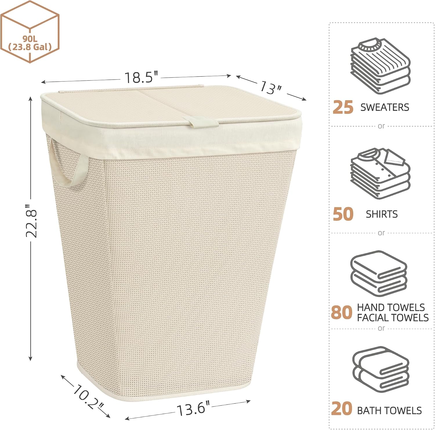 STORAGE MANIAC 90L Laundry Hamper with Lid Laundry Basket, White