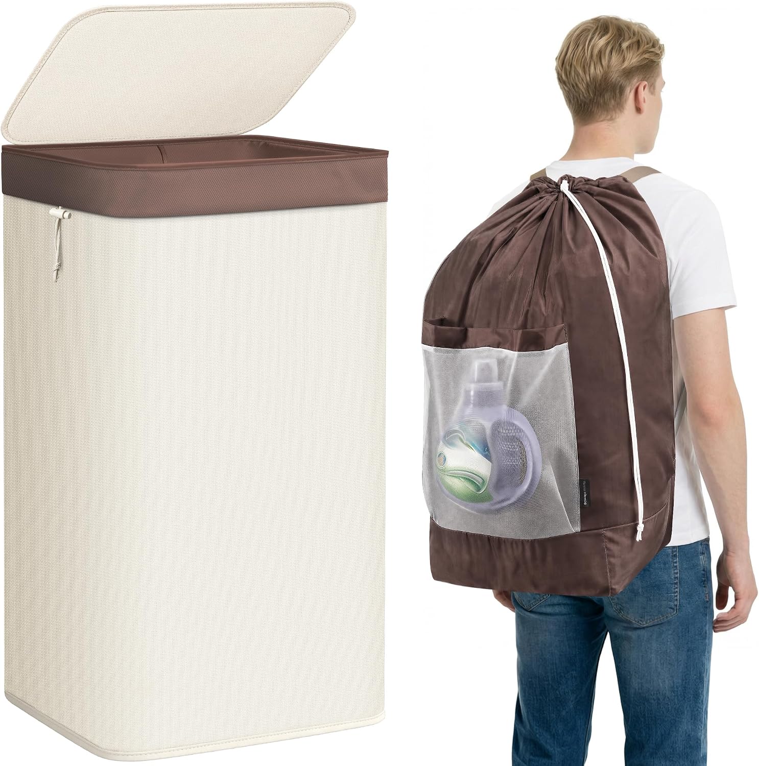 STORAGE MANIAC 2-in-1 Laundry Hamper with Laundry Backpack Bag, 23.7 Gal Beige