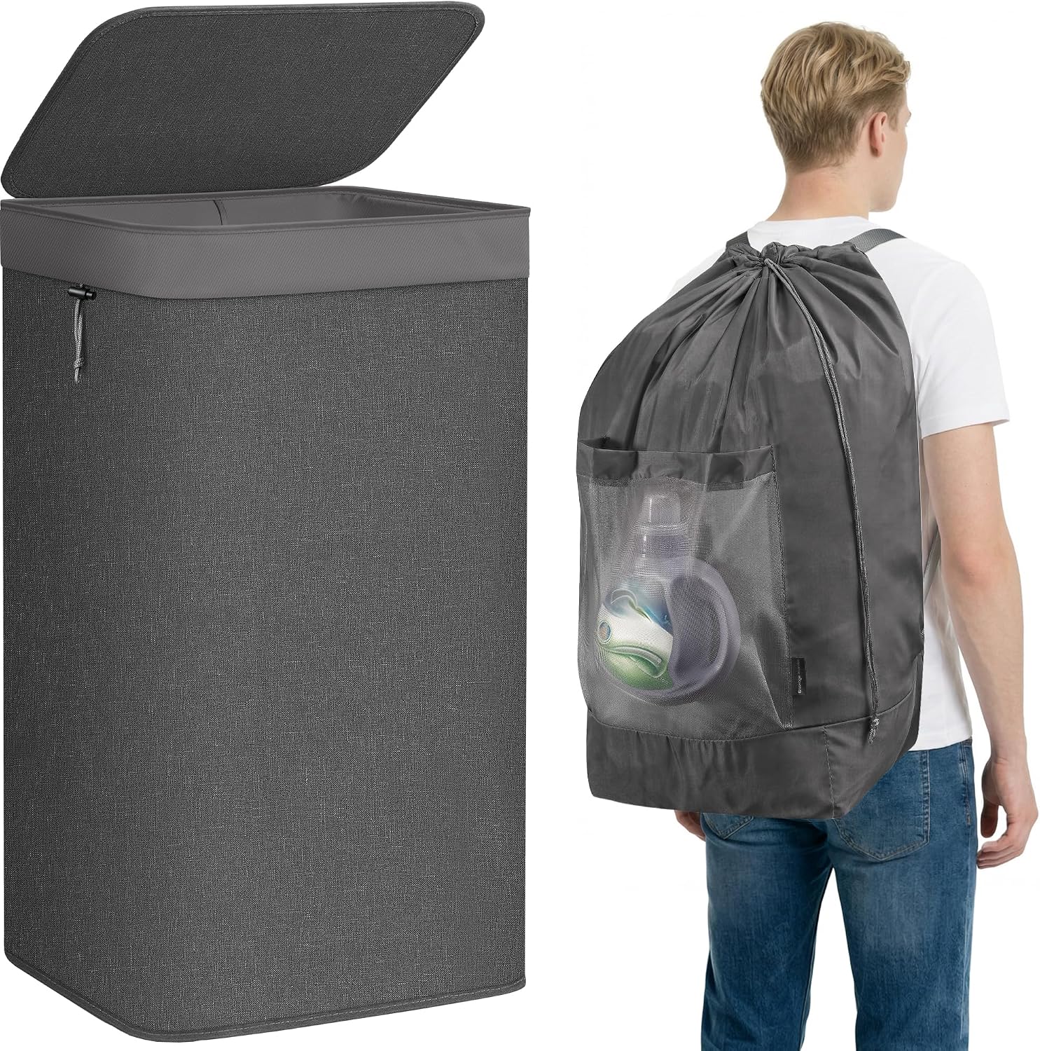 STORAGE MANIAC 2-in-1 Laundry Hamper with Laundry Backpack Bag, 23.7 Gal Black