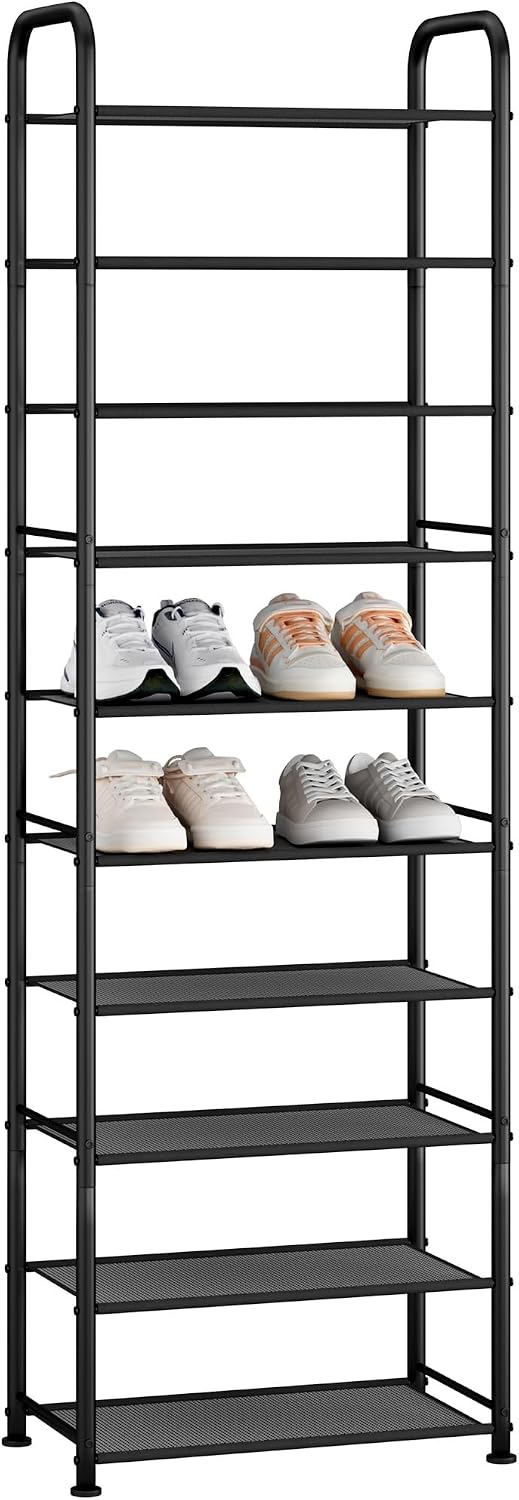 STORAGE MANIAC 10-Tier Tall Shoe Rack, 20 Pairs Narrow Slim Shoe Shelf, Metal Frame Shoes Stand for Small Space, Space-Saving Shoes Organizer, Vertical Shoes Tower for Garage, Entryway, Closet, Dorm
