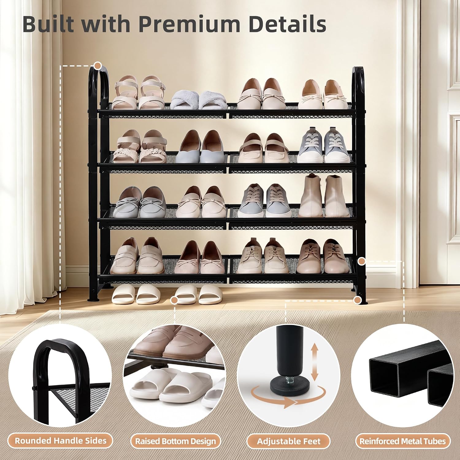 STORAGE MANIAC 4 Tier Shoe Rack, Heavy Duty Metal Shoe Organizer