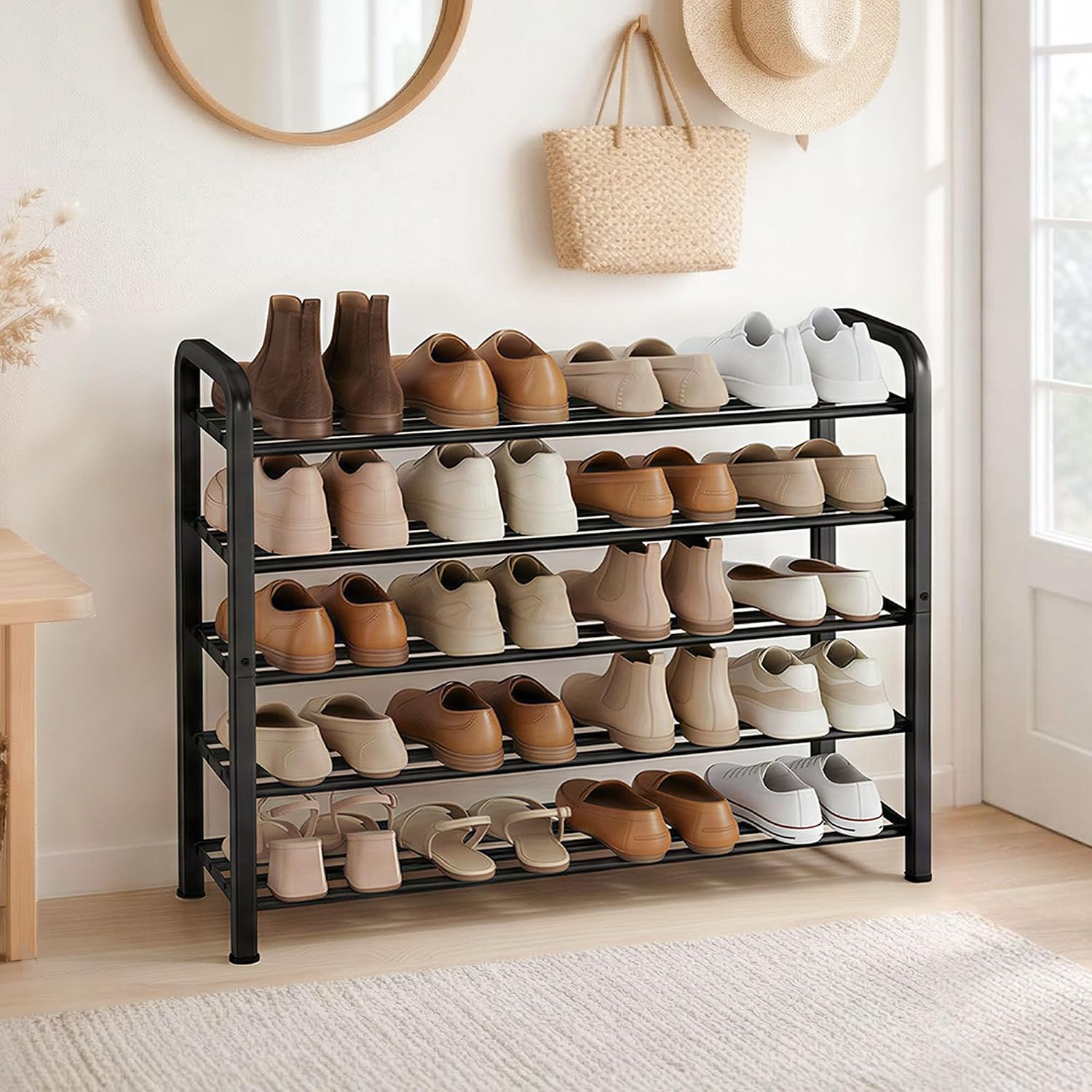 STORAGE MANIAC 5-Tier Expandable Shoe Rack, Adjustable Shoe Shelf, Black