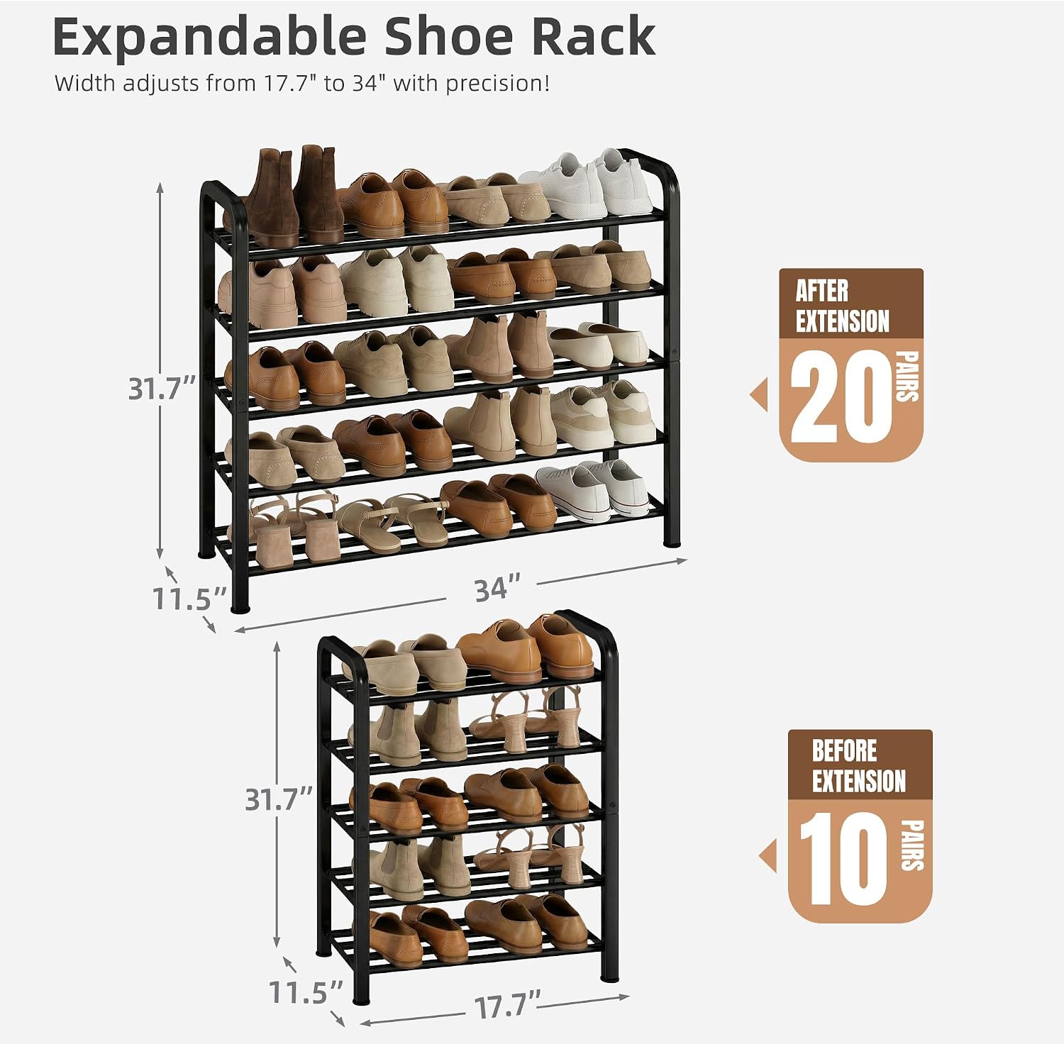 STORAGE MANIAC 5-Tier Expandable Shoe Rack, Adjustable Shoe Shelf, Black