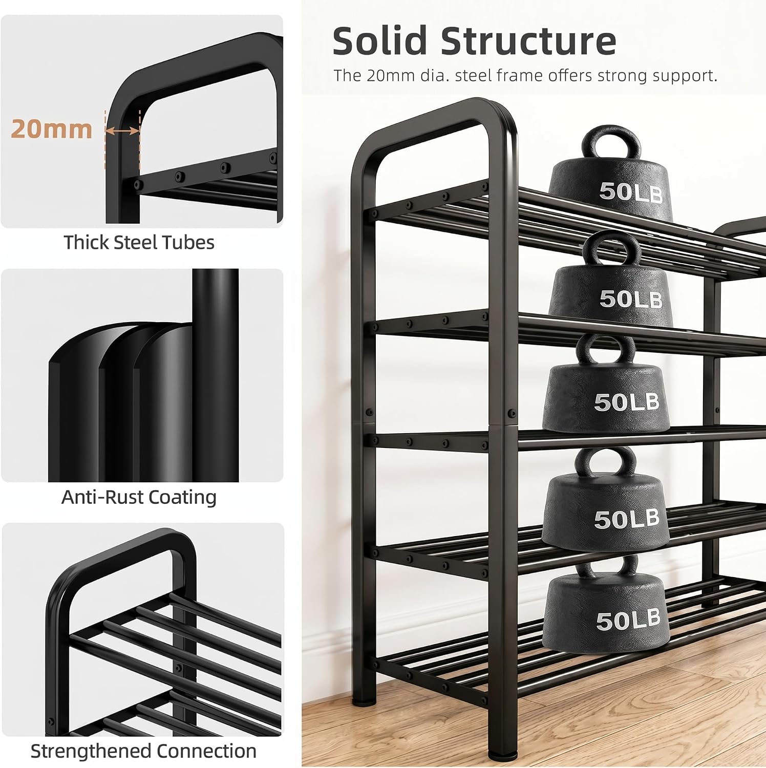 STORAGE MANIAC 5-Tier Expandable Shoe Rack, Adjustable Shoe Shelf, Black