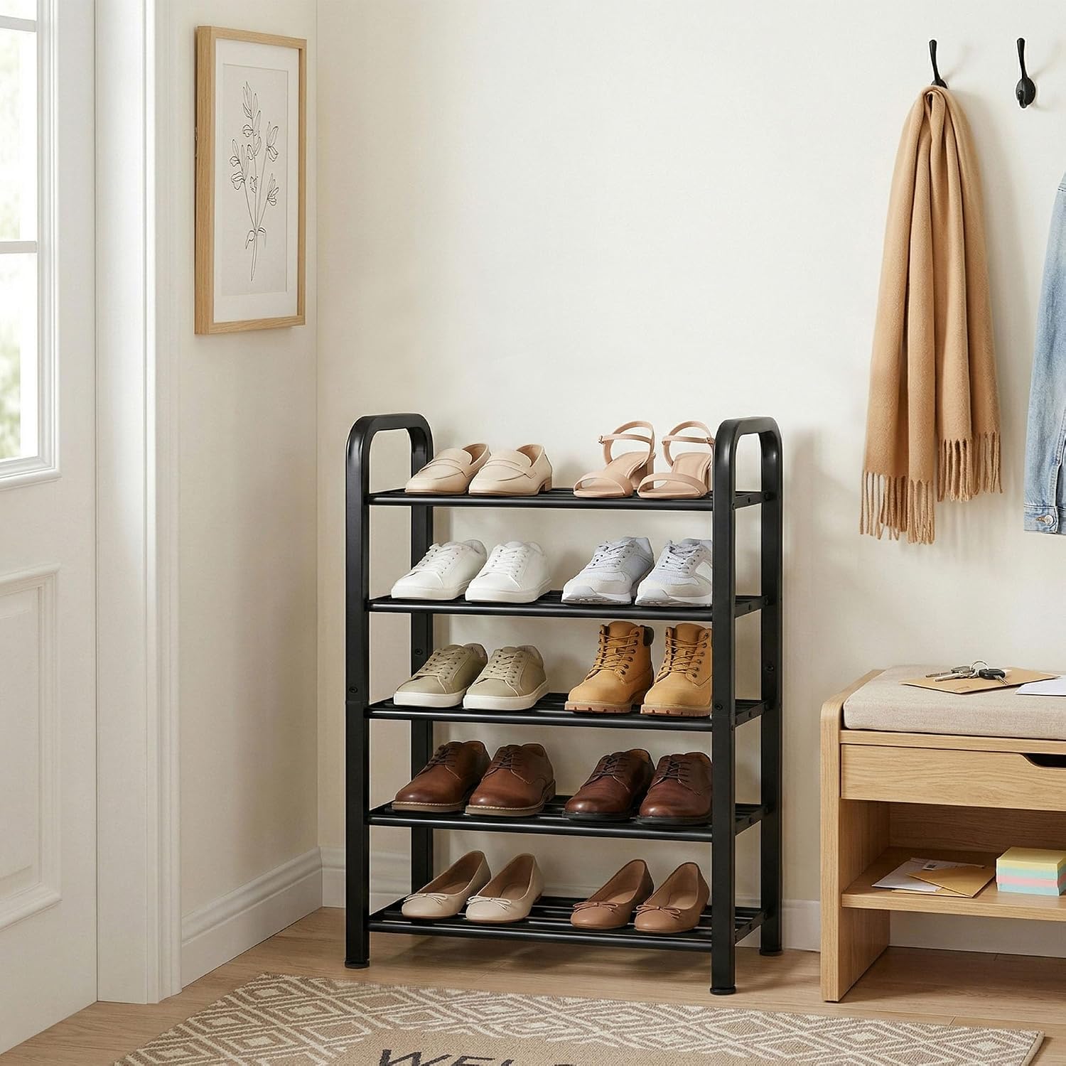 STORAGE MANIAC 5-Tier Expandable Shoe Rack, Adjustable Shoe Shelf, Black