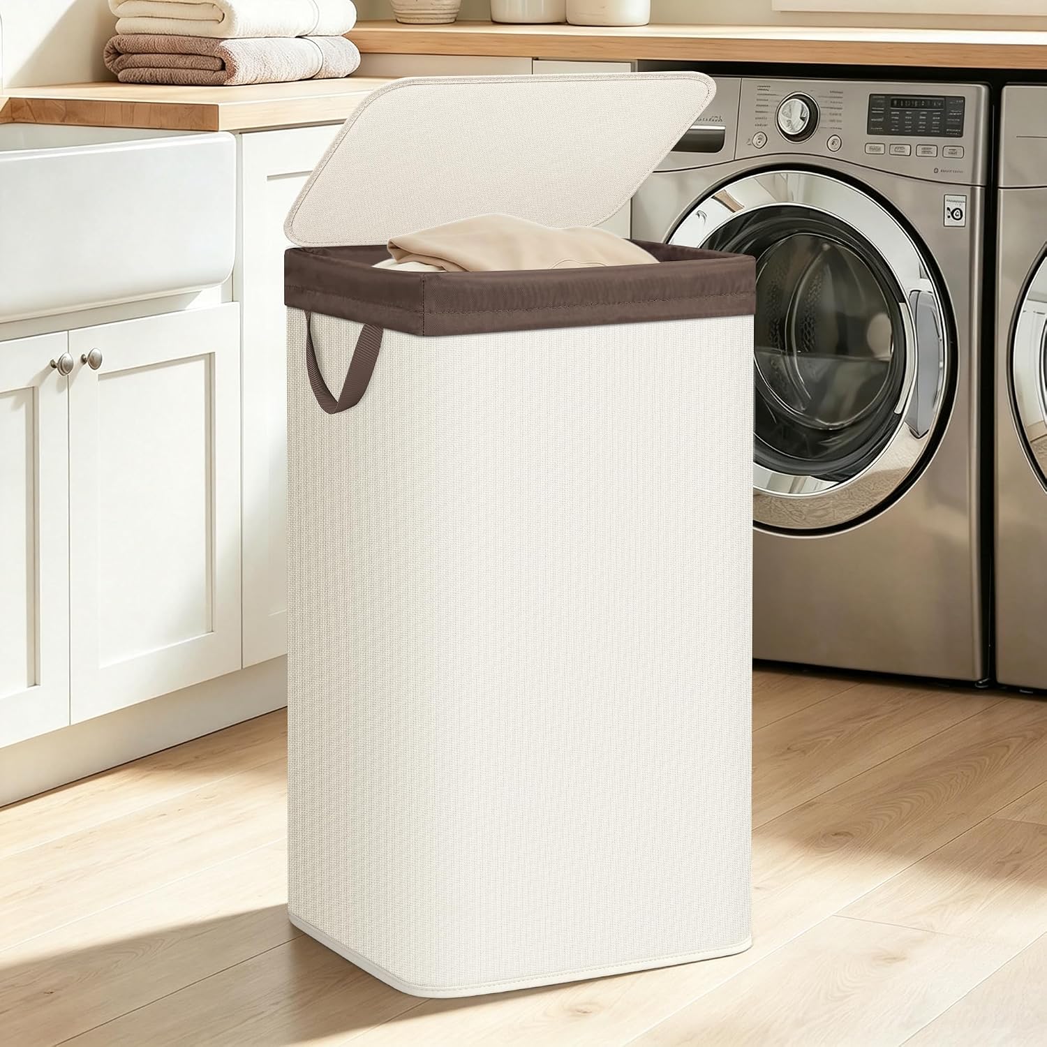 STORAGE MANIAC Metal Frame Laundry Hamper with Lid, Tall Laundry Baskets Beige