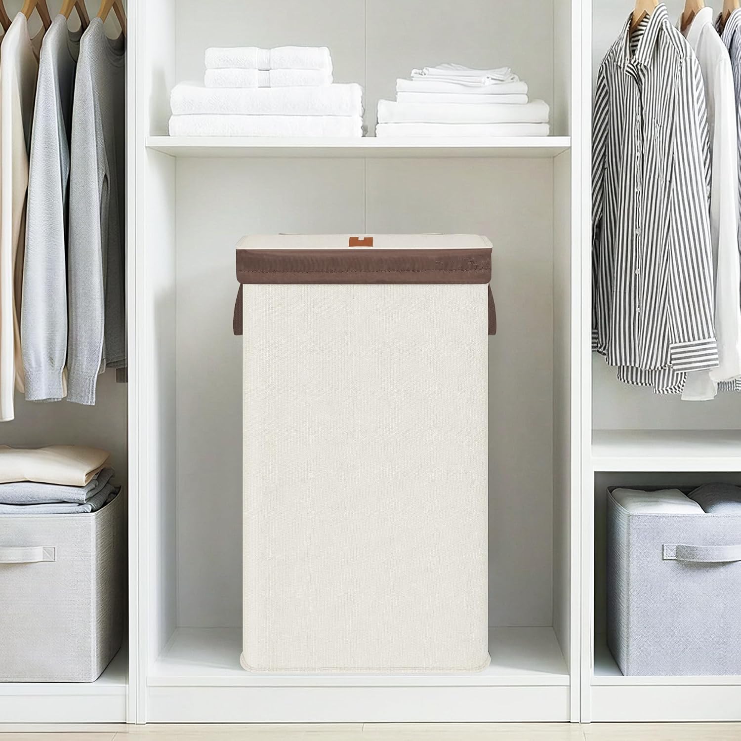 STORAGE MANIAC Metal Frame Laundry Hamper with Lid, Tall Laundry Baskets Beige