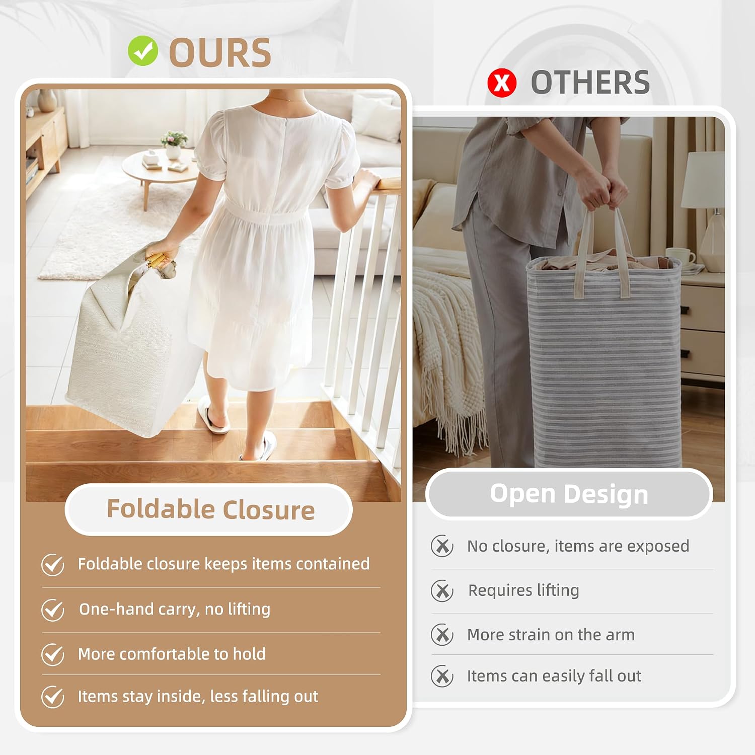 STORAGE MANIAC 2-Pack Collapsible Laundry Hamper with Bamboo Handles, White