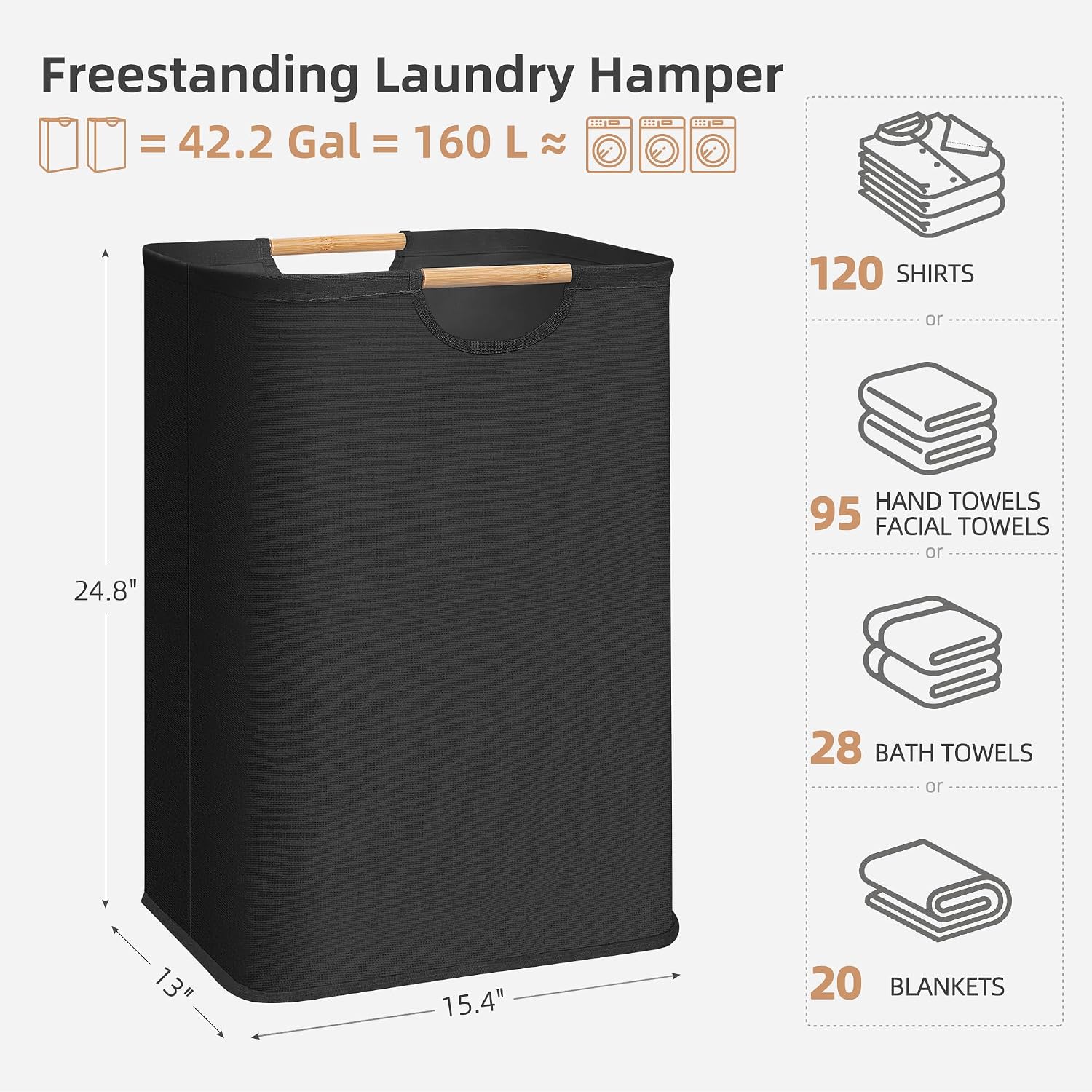 STORAGE MANIAC 2-Pack Collapsible Laundry Hamper with Bamboo Handles, Black