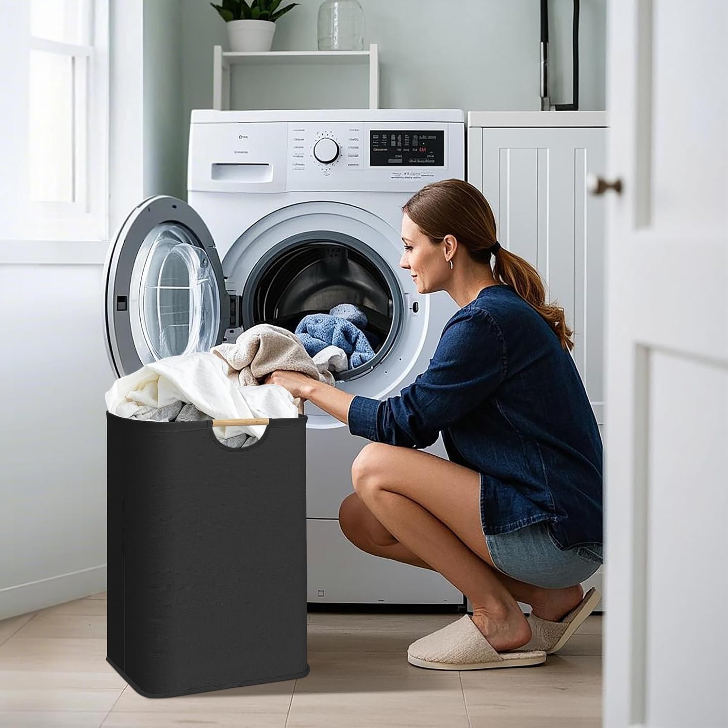 STORAGE MANIAC 2-Pack Collapsible Laundry Hamper with Bamboo Handles, Black