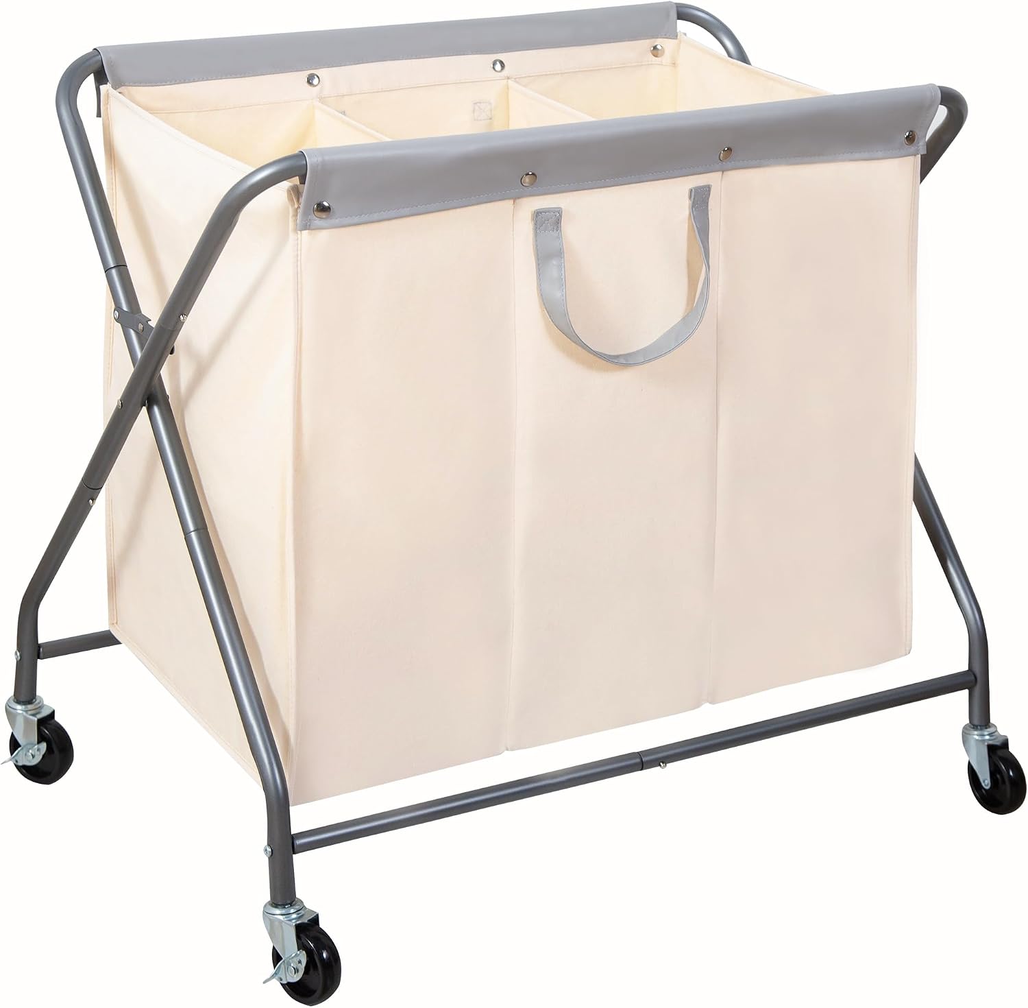 STORAGE MANIAC 160L Collapsible Laundry Hamper with Wheels, Rolling Laundry Basket, Heavy Duty Cloth Sorter with Removable Bag, Folding X Frame Clothes Organizer Cart for Easy to Store, 3 Section Beige