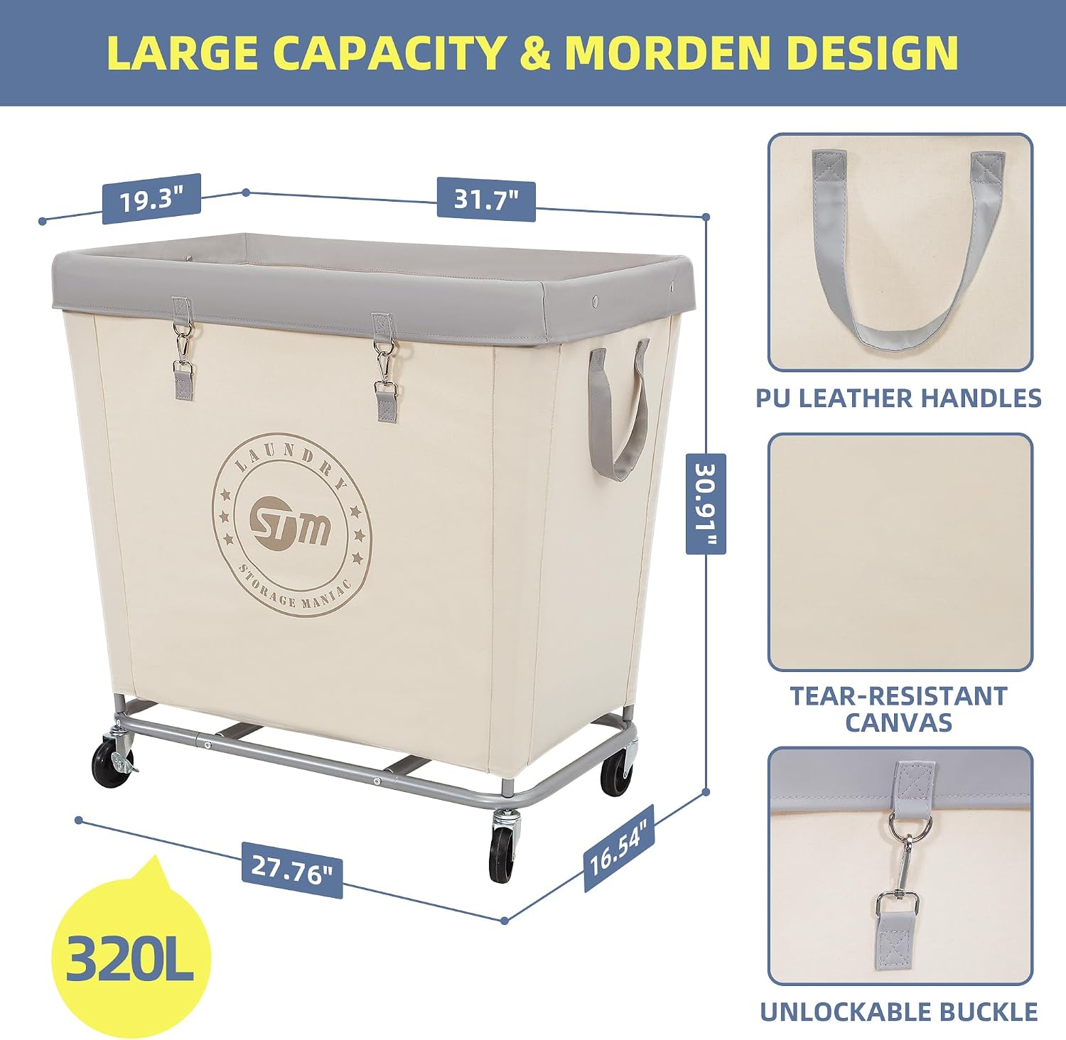 STORAGE MANIAC Rolling Laundry Hamper, Commercial Laundry Cart, 320L Beige