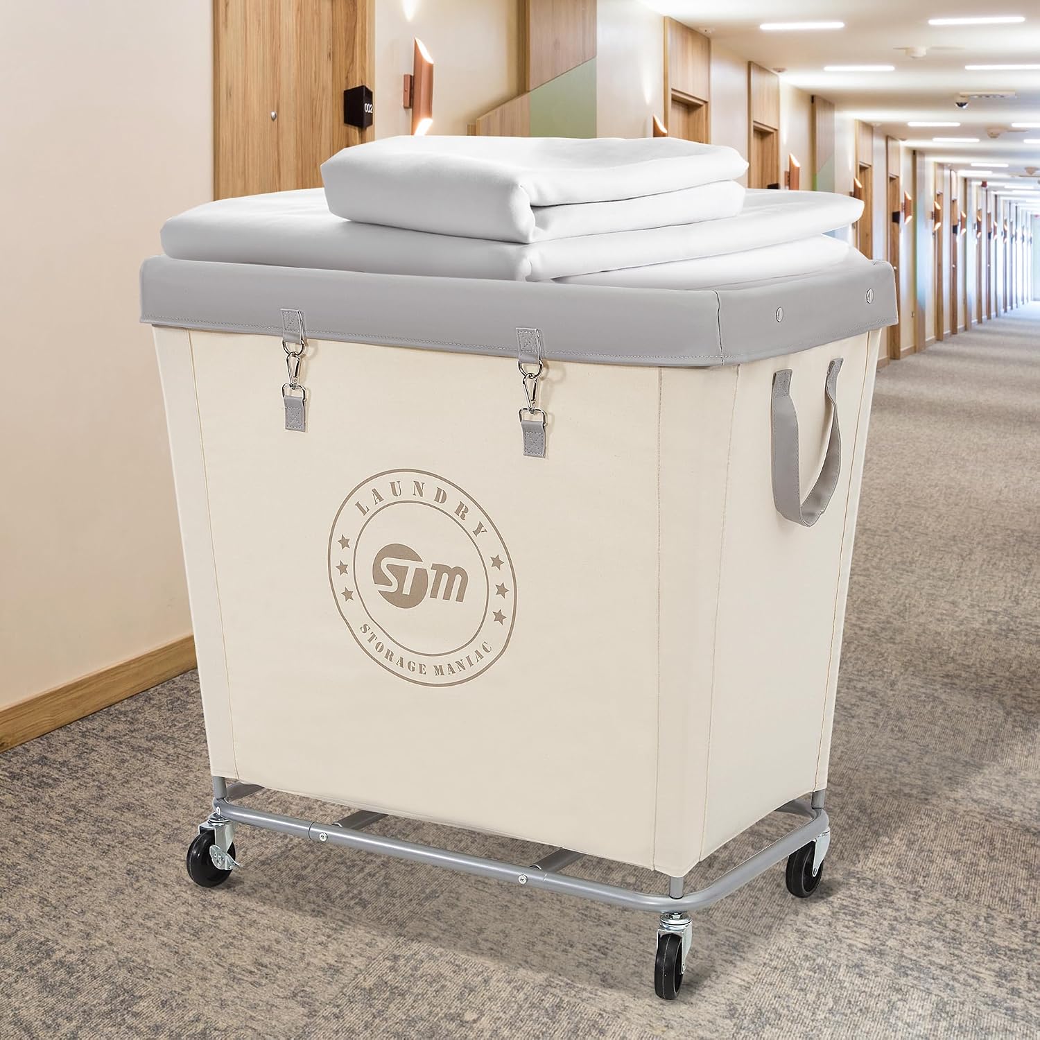 STORAGE MANIAC Rolling Laundry Hamper, Commercial Laundry Cart, 320L Beige