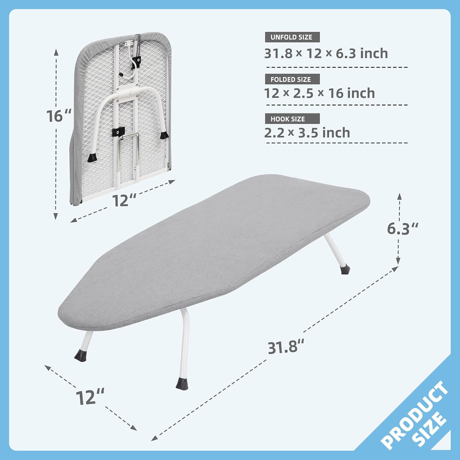 STORAGE MANIAC Tabletop Ironing Board, Small Iron Pad, Silver & Blue