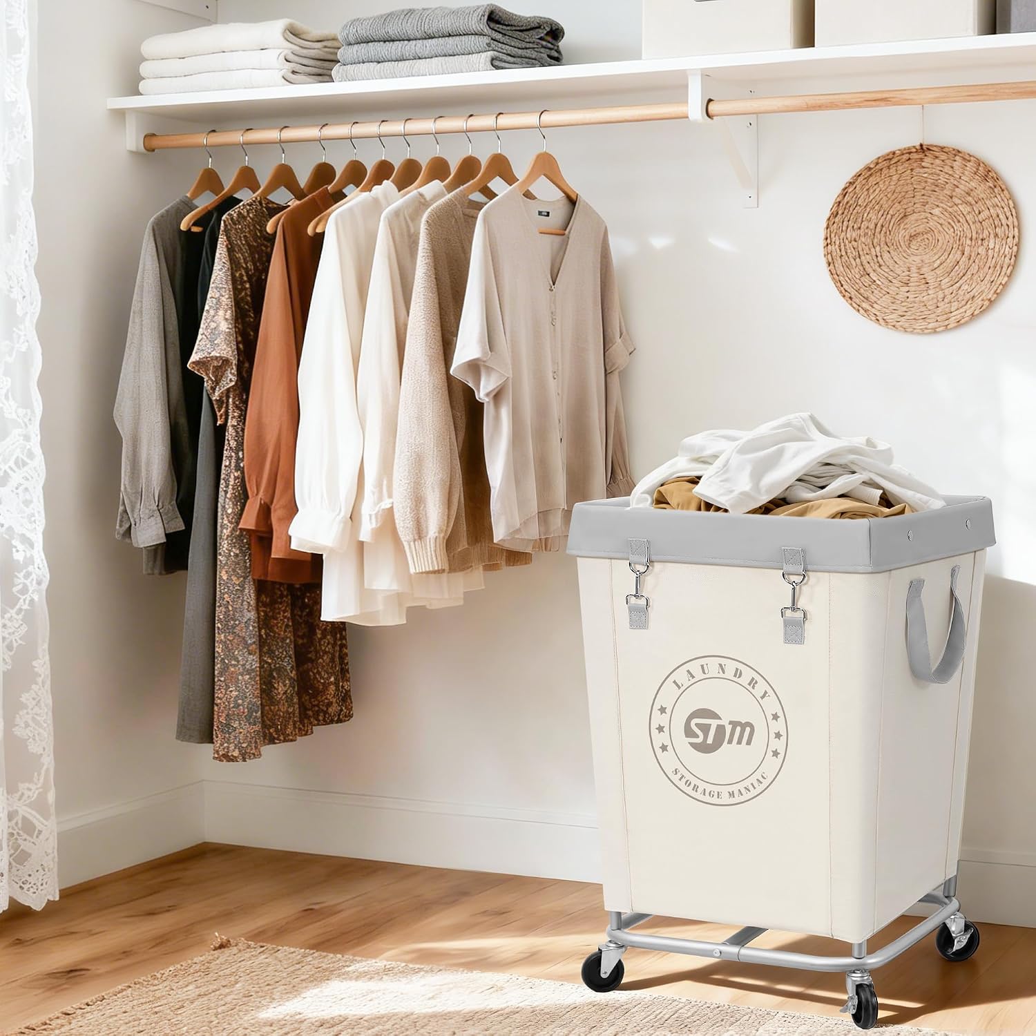 STORAGE MANIAC Rolling Laundry Hamper, Commercial Laundry Cart, 160L Beige