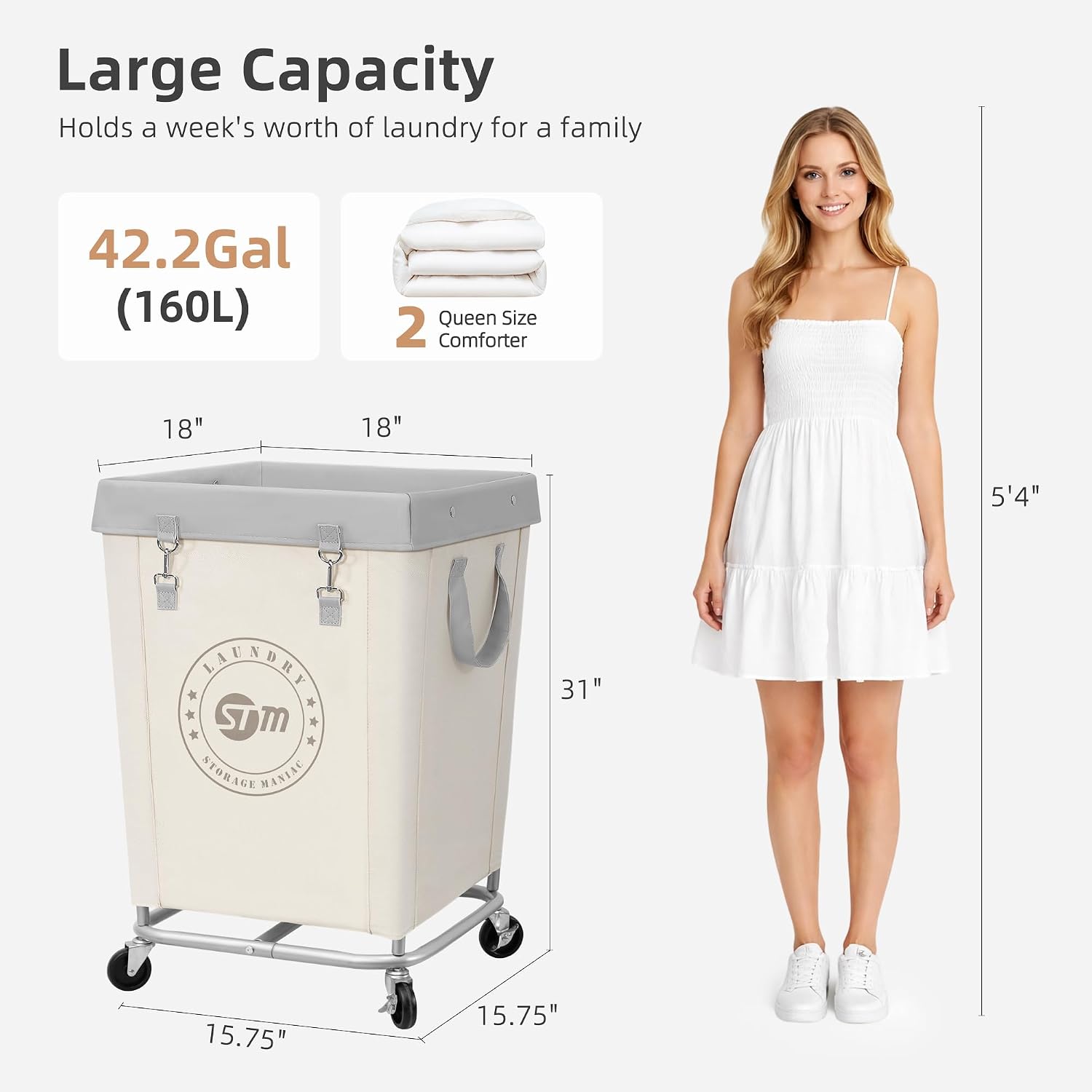 STORAGE MANIAC Rolling Laundry Hamper, Commercial Laundry Cart, 160L Beige