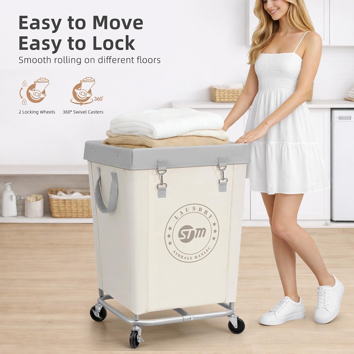 STORAGE MANIAC Rolling Laundry Hamper, Commercial Laundry Cart, 160L Beige