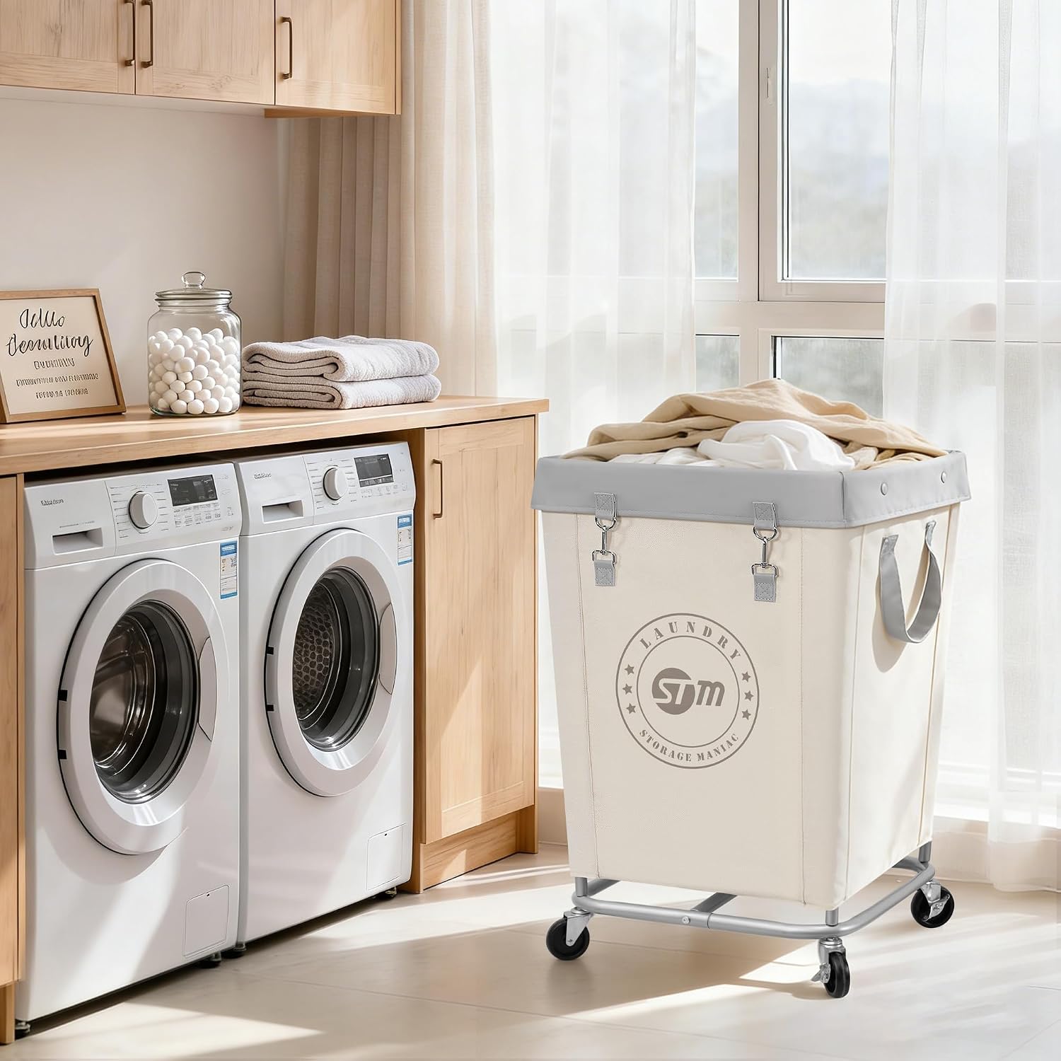 STORAGE MANIAC Rolling Laundry Hamper, Commercial Laundry Cart, 160L Beige