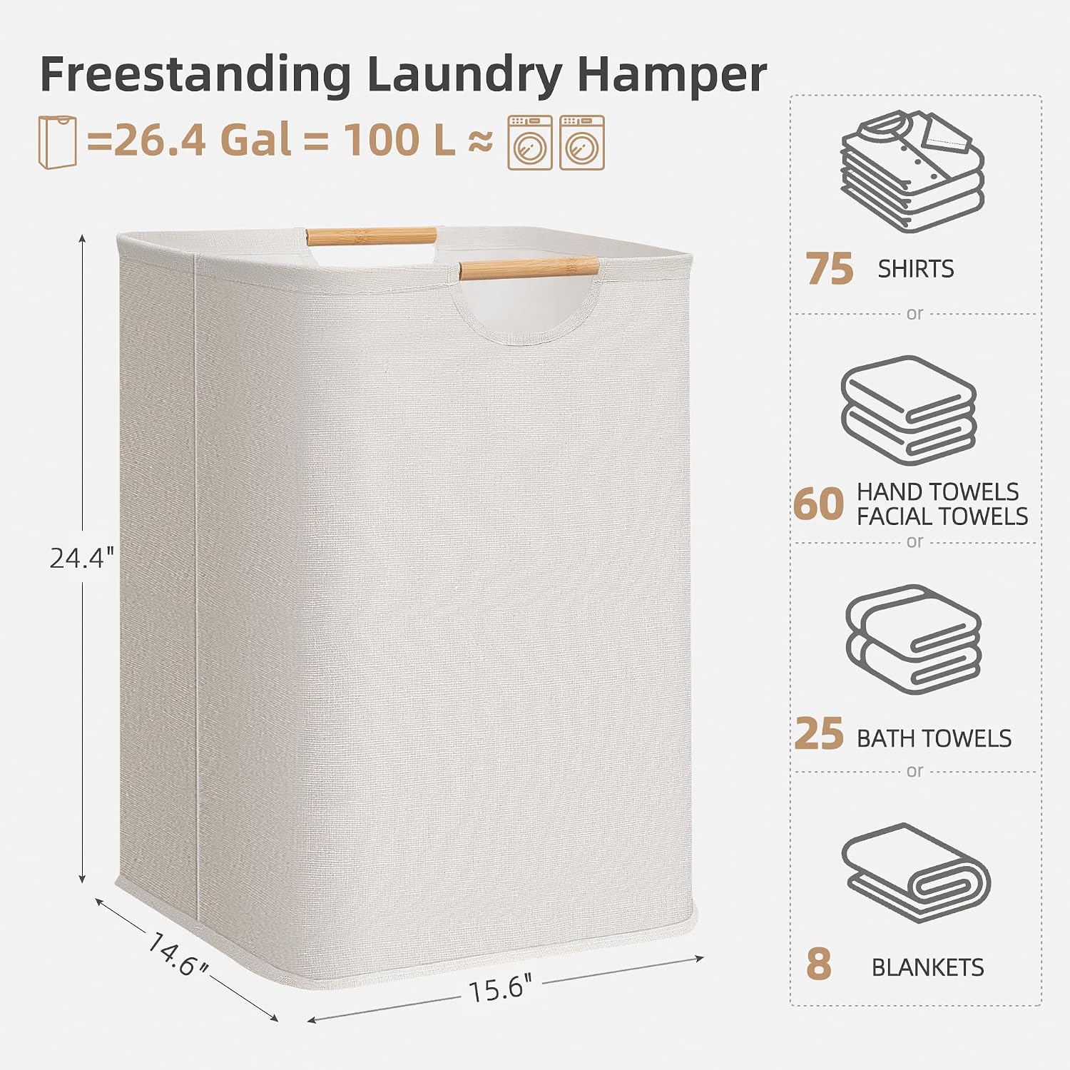 STORAGE MANIAC 1-Pack Collapsible Laundry Hamper with Bamboo Handles, White