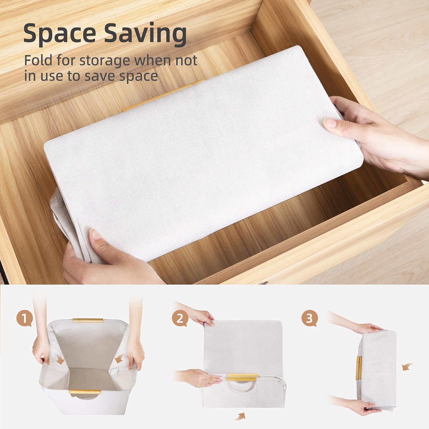 STORAGE MANIAC 1-Pack Collapsible Laundry Hamper with Bamboo Handles, White