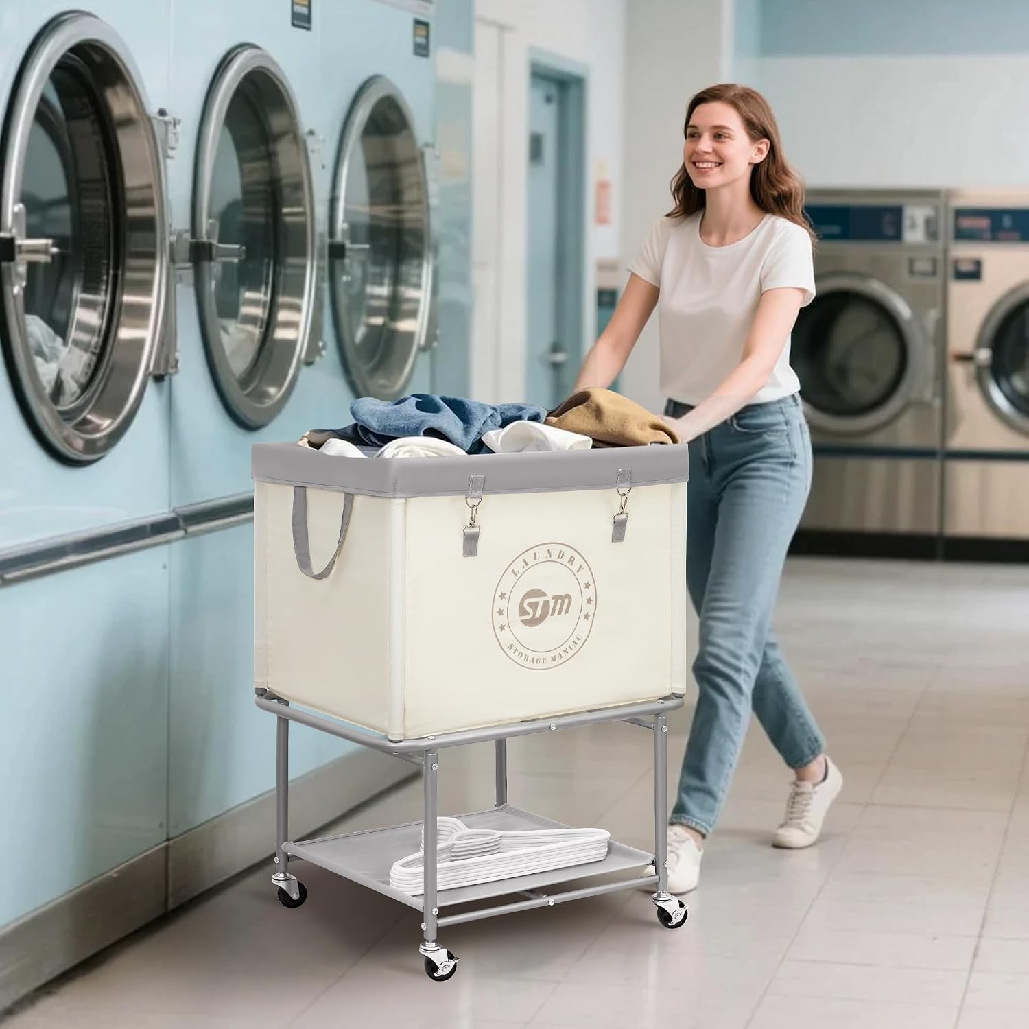 STORAGE MANIAC Rolling Laundry Cart with Storage Shelf, Beige