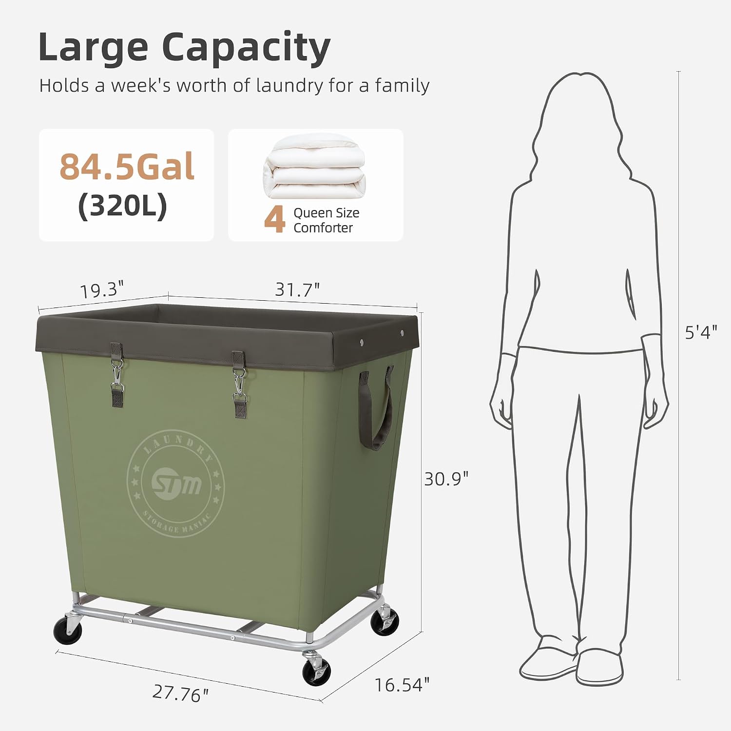 STORAGE MANIAC Rolling Laundry Hamper, Commercial Laundry Cart, 320L Green