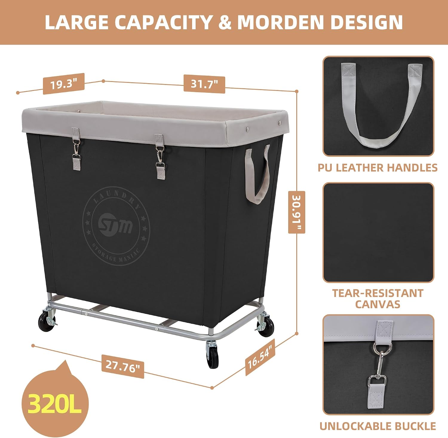 STORAGE MANIAC Rolling Laundry Hamper, Commercial Laundry Cart, 320L Black