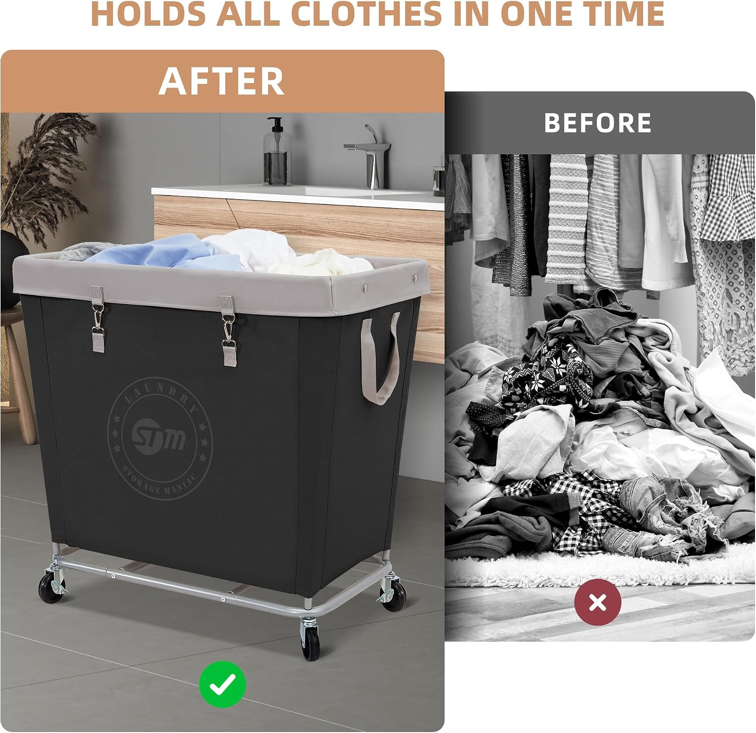 STORAGE MANIAC Rolling Laundry Hamper, Commercial Laundry Cart, 320L Black