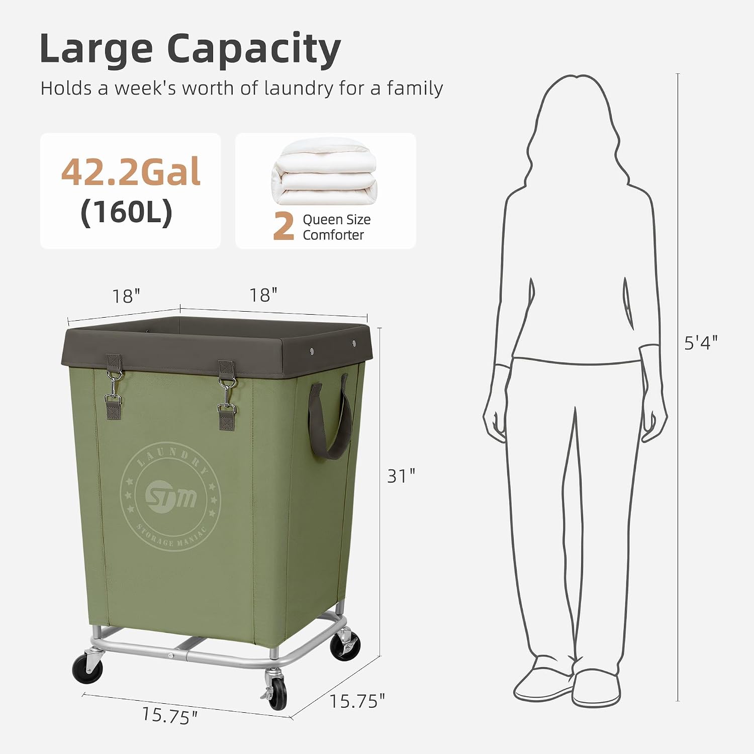 STORAGE MANIAC Rolling Laundry Hamper, Commercial Laundry Cart, 160L Green