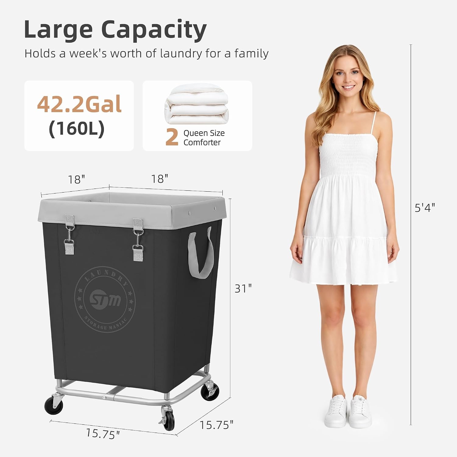 STORAGE MANIAC Rolling Laundry Hamper, Commercial Laundry Cart, 160L Black