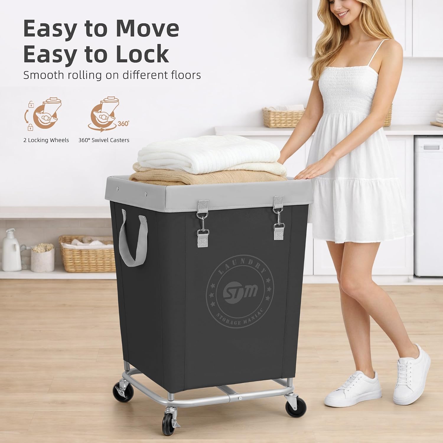 STORAGE MANIAC Rolling Laundry Hamper, Commercial Laundry Cart, 160L Black