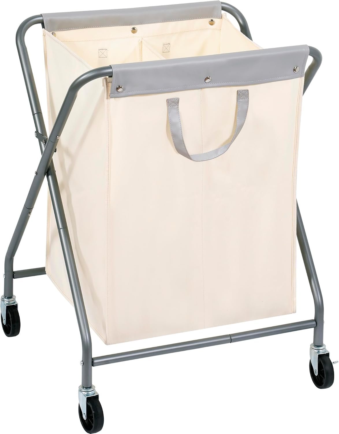 STORAGE MANIAC 125L Collapsible Laundry Hamper with Wheels, Rolling Laundry Basket, Heavy Duty Cloth Sorter with Removable Bag, Folding X Frame Clothes Organizer Cart for Easy to Store, 2 Section Beige