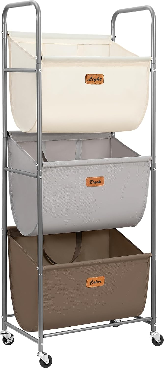 STORAGE MANIAC Vertical Rolling Laundry Hamper, 3 Section Laundry Sorter Multicolored