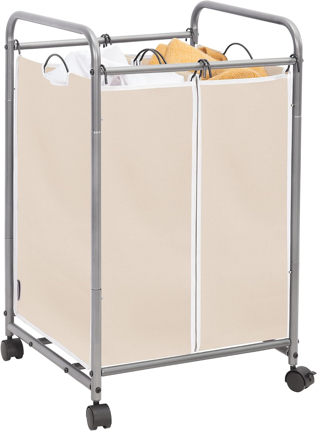 STORAGE MANIAC 2 Section Laundry Sorter, Laundry Hamper with Wheels, Beige